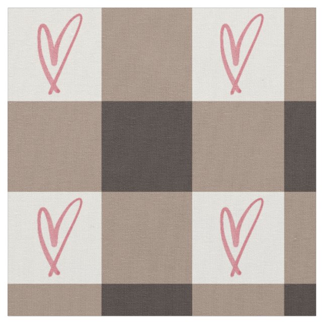 Cocoa Brown Heart Gingham Combed Cotton Fabric (Close Up)