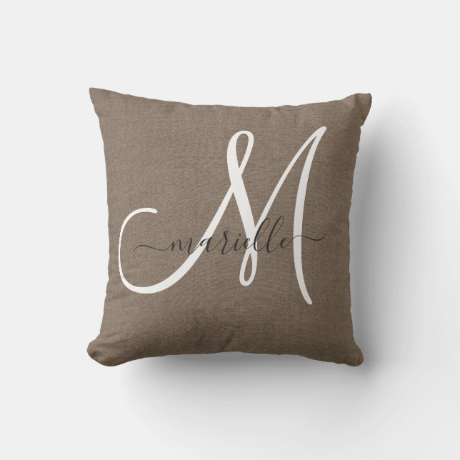 Cocoa Brown Linen Monogram Throw Pillow (Front)
