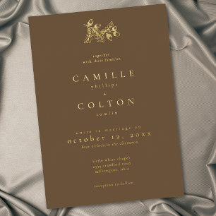 Cocoa Brown Minimalist Leaf Acorn Fall Wedding Foil Invitation
