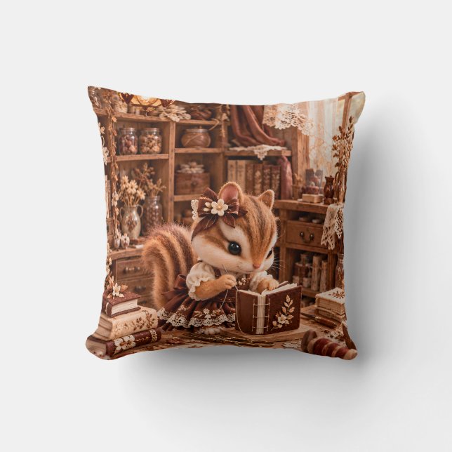Cocoa Chipmunk Vintage Bookbinding Studio Throw Pillow (Front)