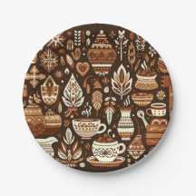 Cocoa Circles: Folk Art 7" Round Paper Plates for