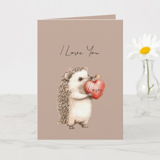 Cocoa Cream Brown Hedgehog Heart Love Card (Small Plant)