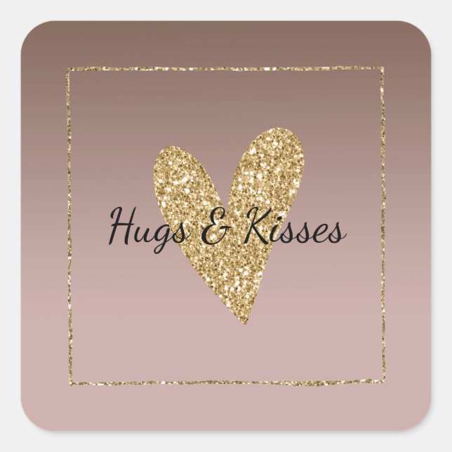 Cocoa Cream Brown Ombre Gold Glitter Heart Square Sticker (Front)