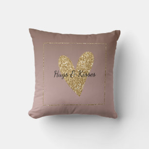 Cocoa Cream Brown Ombre Gold Glitter Heart Throw Pillow