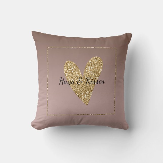 Cocoa Cream Brown Ombre Gold Glitter Heart Throw Pillow (Front)