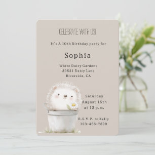 Cocoa Cream Hedgehog Daisy Flower Bucket Birthday Invitation