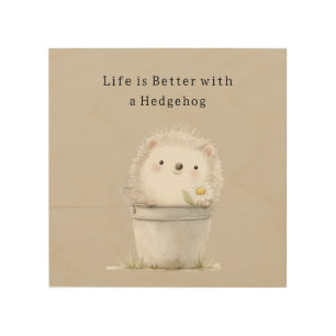 Cocoa Cream Hedgehog Daisy Flower Bucket   Wood Wall Art
