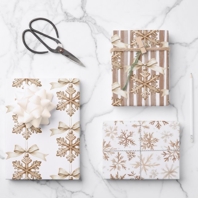 Cocoa Cream Snowflakes Stripes Christmas  Wrapping Paper Sheets (Front)