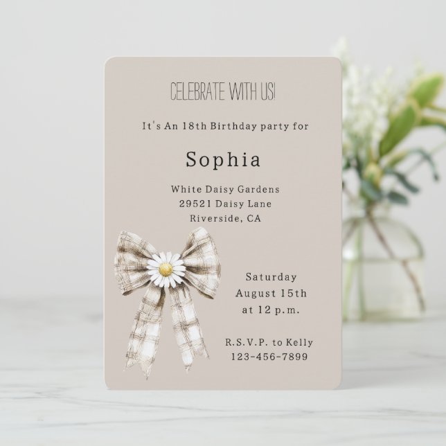 Cocoa Cream White Bow Daisy Flower Birthday Invitation (Standing Front)