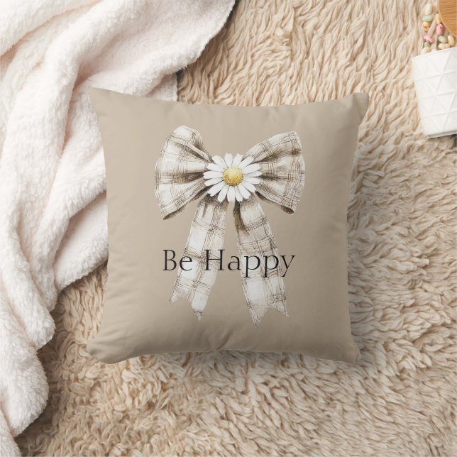 Cocoa Cream White Bow Daisy Flower Happy Throw Pillow (Blanket)