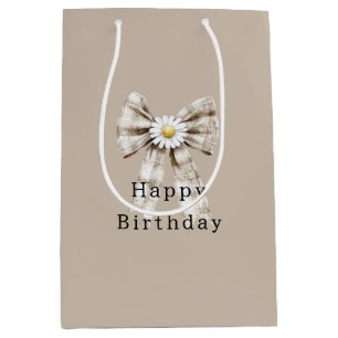 Cocoa Cream White Bow Daisy Flowers Birthday   Medium Gift Bag