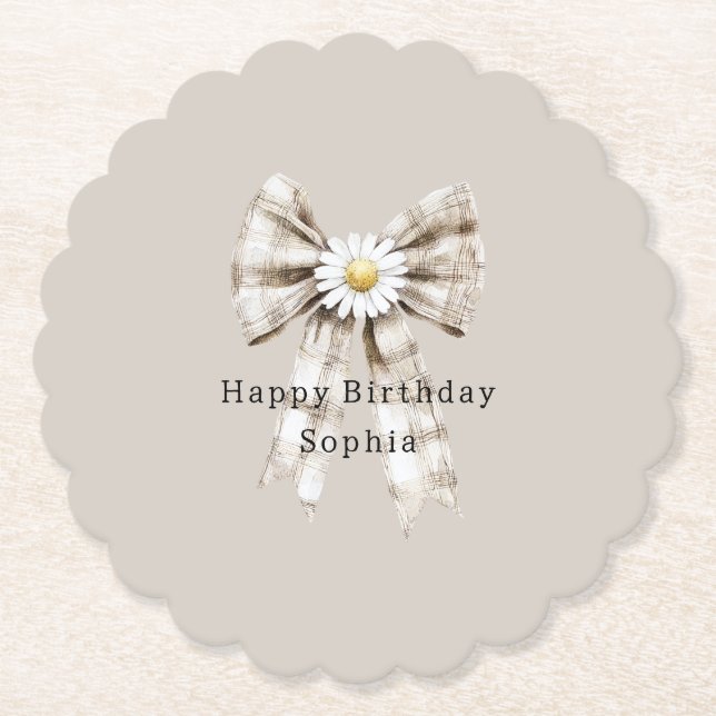 Cocoa Cream White Bow Daisy Flowers Birthday   Paper Coaster (Front)