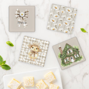 Cocoa Cream White Bow Daisy Flowers Coaster Set
