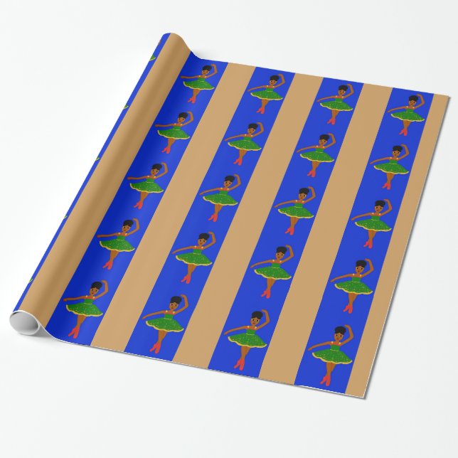 Cocoa Cutie Christmas Ballerina (Kiara) BlueGold Wrapping Paper (Unrolled)