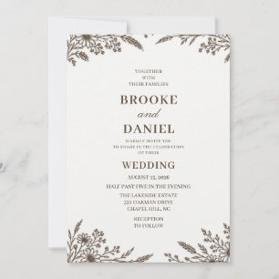 Cocoa Daisy Grass Line Art Wedding Invitation