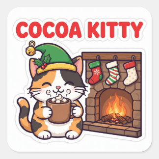 Cocoa Kitty Sticker — Calico Cat Elf Hat Hot Cocoa