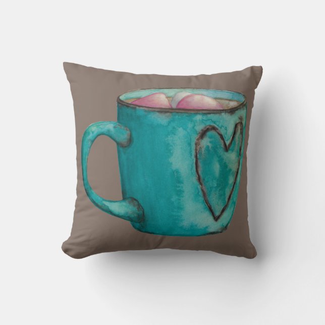 Cocoa marshmallow hot chocolate winter teal brown  throw pillow (Front)