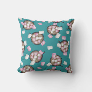 Cocoa marshmallow hot chocolate winter teal pink throw pillow