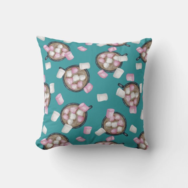 Cocoa marshmallow hot chocolate winter teal pink throw pillow (Front)