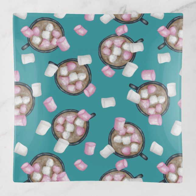 Cocoa marshmallow hot chocolate winter teal pink trinket tray (Front)