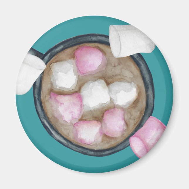 Cocoa marshmallows hot chocolate winter teal pink magnet (Front)