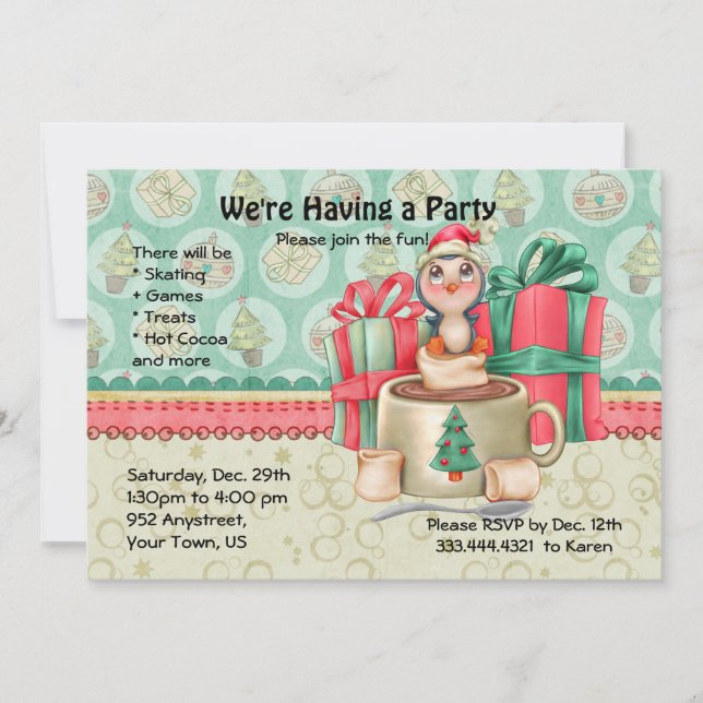 Cocoa Penguin Winter Party Invitation (Front)