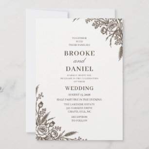 Cocoa Rose Wheat Line Art Wedding Invitation