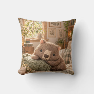 Cocoa Wombat Sage Knit Cozy Reading Cottage Throw Pillow