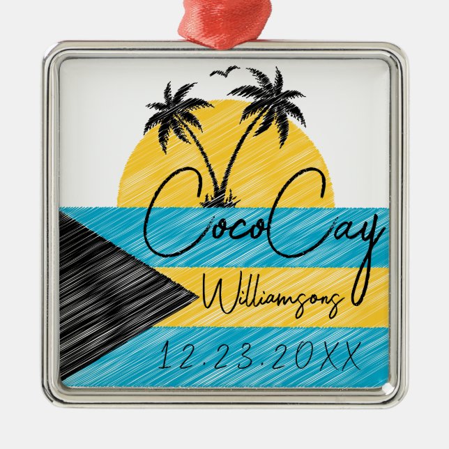 CocoCay Bahamas Flag Palm Tree Sunset Souvenirs Metal Ornament (Front)
