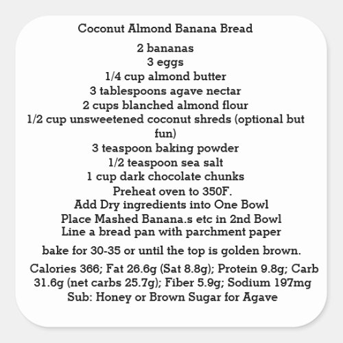 Coconut Almond Banana Bread Gluten Free Square Sticker