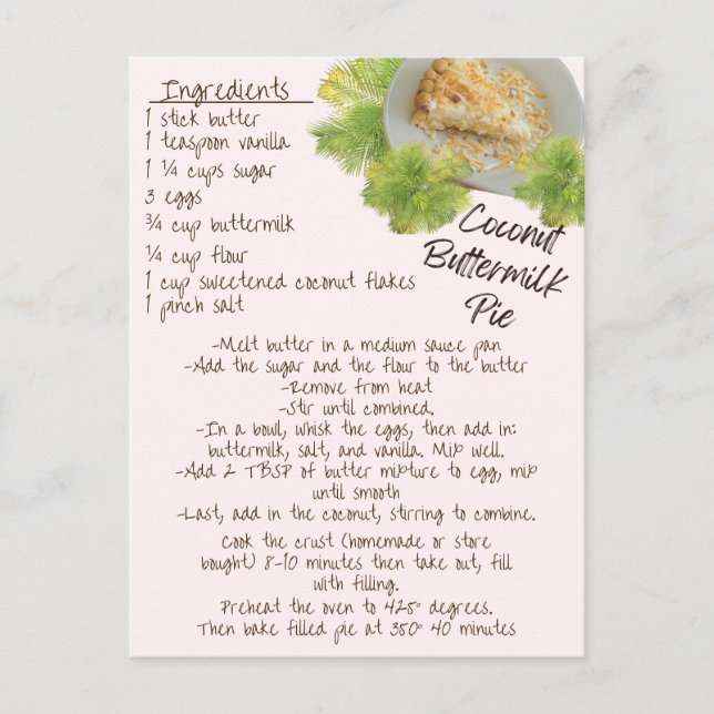 Coconut Buttermilk Pie Recipe  Postcard (Front)