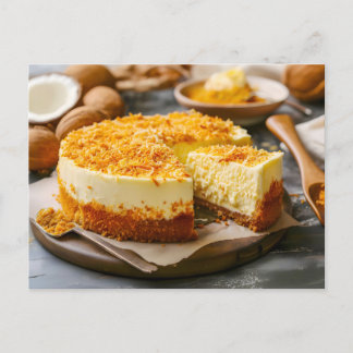 Coconut cheesecake with ingredients around postcard