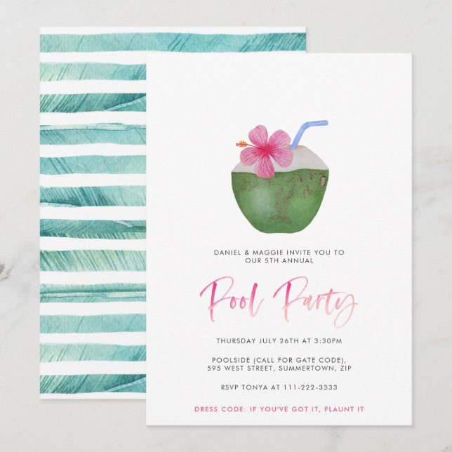 Coconut Cocktail Adults Tropical Pool Party Invitation (Front/Back)