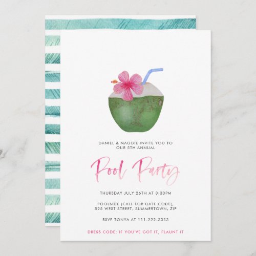 Coconut Cocktail Adults Tropical Pool Party Invitation