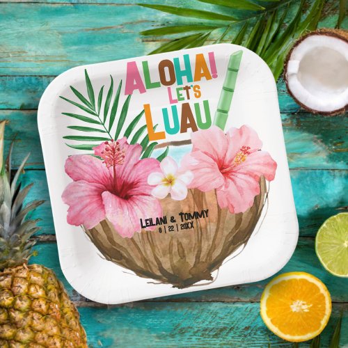 Coconut Cocktail Tropical Luau Couples Shower Paper Plates