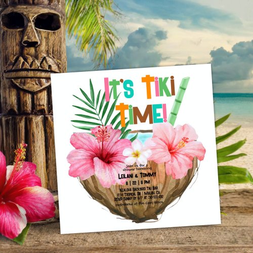 Coconut Cocktail Tropical Tiki Party Shower Invitation