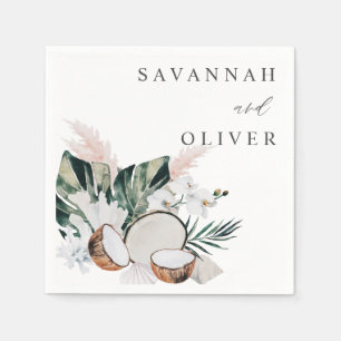 Coconut Coral & White Floral Name Napkins