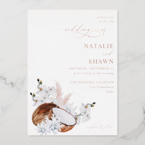 Coconut Coral  White Floral Wedding Foil Invitation