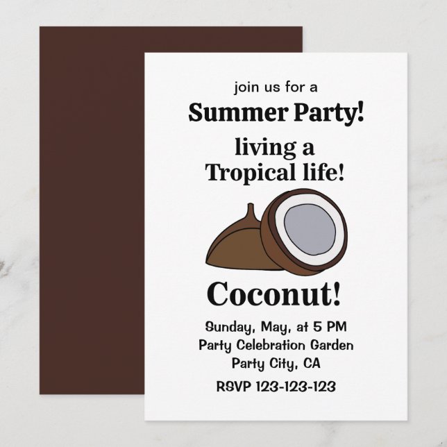 Coconut Fruit Tropical Summer Party Invitation (Front/Back)
