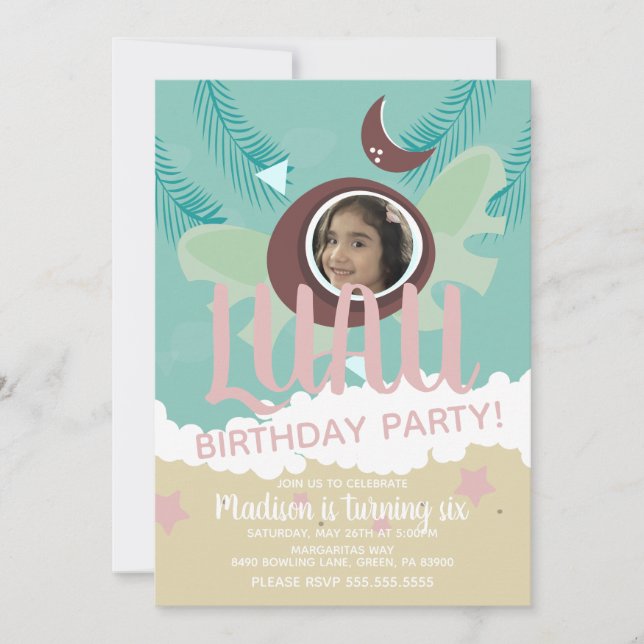 Coconut Luau Photo Tropical Birthday Party Invitation (Front)