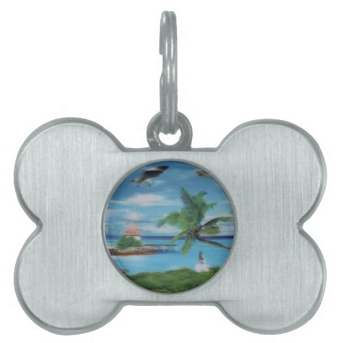 Coconut palm tree beach art design pet ID tag