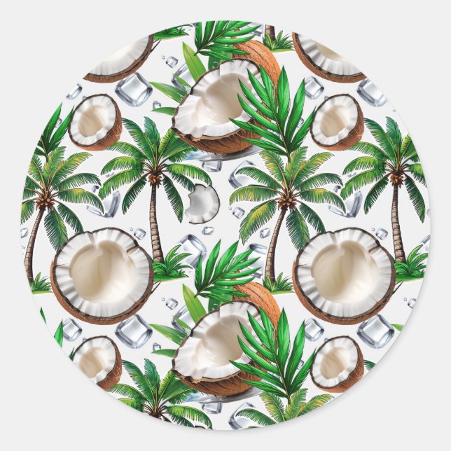 Coconut Palm Tree Tropical Pattern Design  Classic Round Sticker (Front)