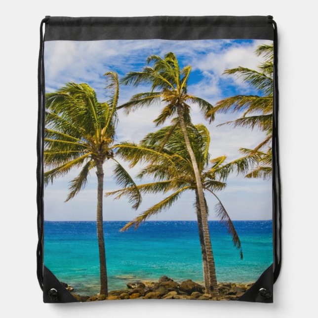 Coconut palm trees (Cocos nucifera) swaying in Drawstring Bag (Front)