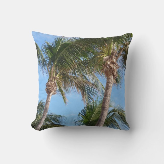 Coconut Palm Trees on the Beach Blue/Green/Brown Throw Pillow (Front)