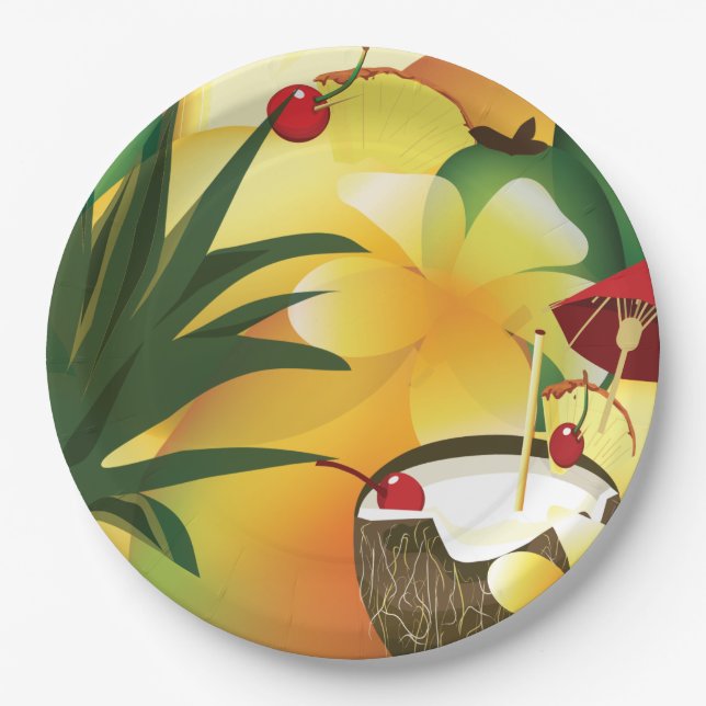 Coconut Tiki Bar Luau Tropical Paper Plate (Front)