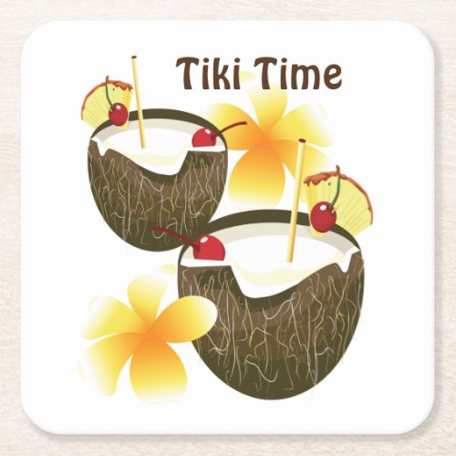 Coconut Tiki Time Bar Cocktail Square Paper Coaster