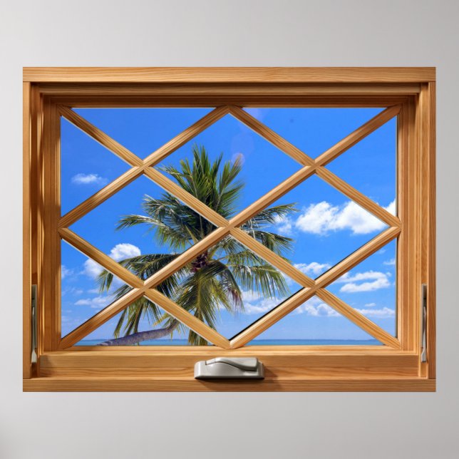 Coconut Tree Tropical Fake, Faux Window Illusion Poster (Front)