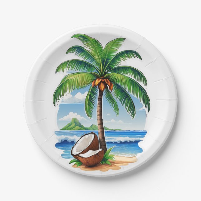 Coconut Tree Tropical Island Paper Plates (Front)