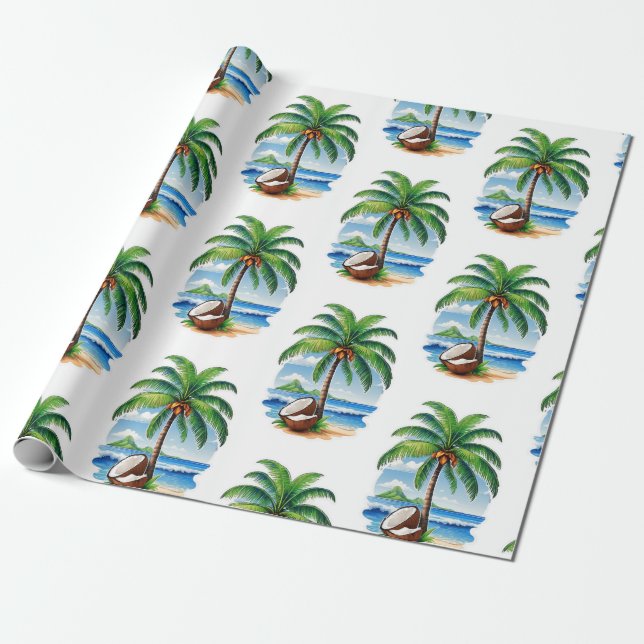 Coconut Tree Tropical Island Wrapping Paper (Unrolled)