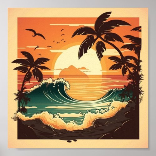 Coconut Trees and Ocean Waves Poster